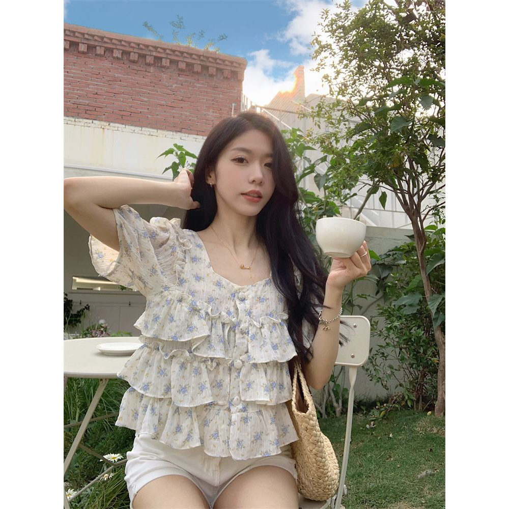 HUANG YOYO Áo Chiffon Tay Ngắn Cổ Vuông In Họa Tiết Hoa Phong Cách Hàn Quốc Thời Trang Mùa Hè Mới Cho Nữ