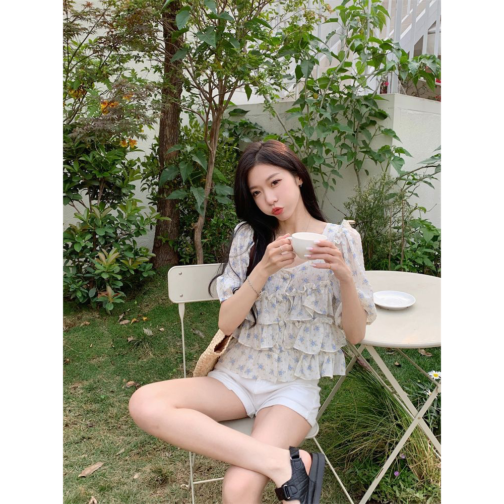 HUANG YOYO Áo Chiffon Tay Ngắn Cổ Vuông In Họa Tiết Hoa Phong Cách Hàn Quốc Thời Trang Mùa Hè Mới Cho Nữ