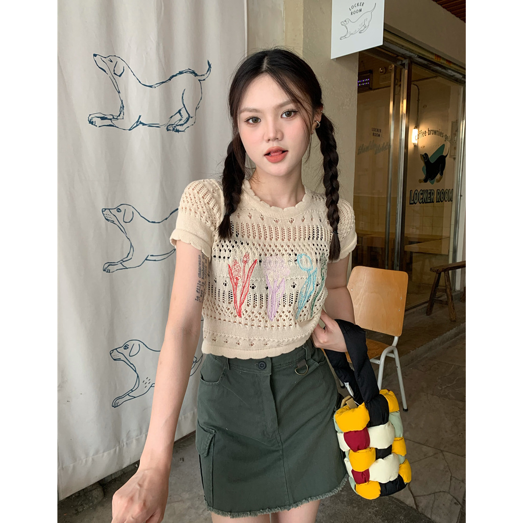 Áo Thun Lửng Đan Len Họa Tiết Hoa Thời Trang Cho Nữ