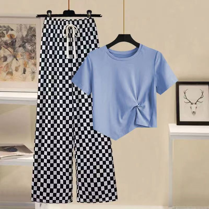 Set Áo Thun Tay Ngắn Và Quần Dài Lưng Cao Ống Rộng Họa Tiết Sọc Caro Phong Cách Hàn Quốc Thời Trang Mùa Hè Hàng Mới 2023