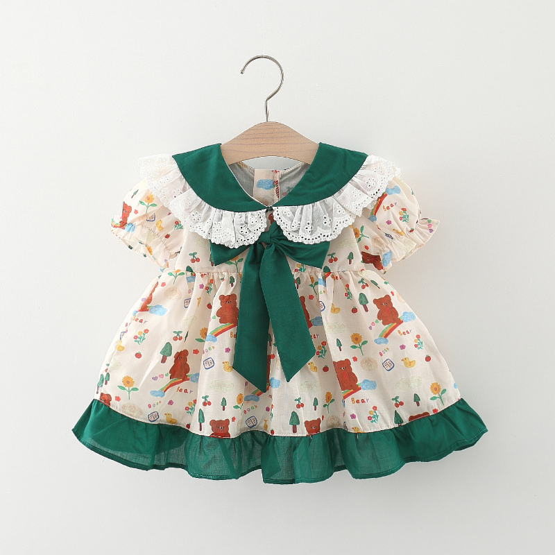 Đầm Công Chúa Cotton Tay Ngắn Cổ Búp Bê Phối Ren Dễ Thương Thời Trang Cho Bé Gái