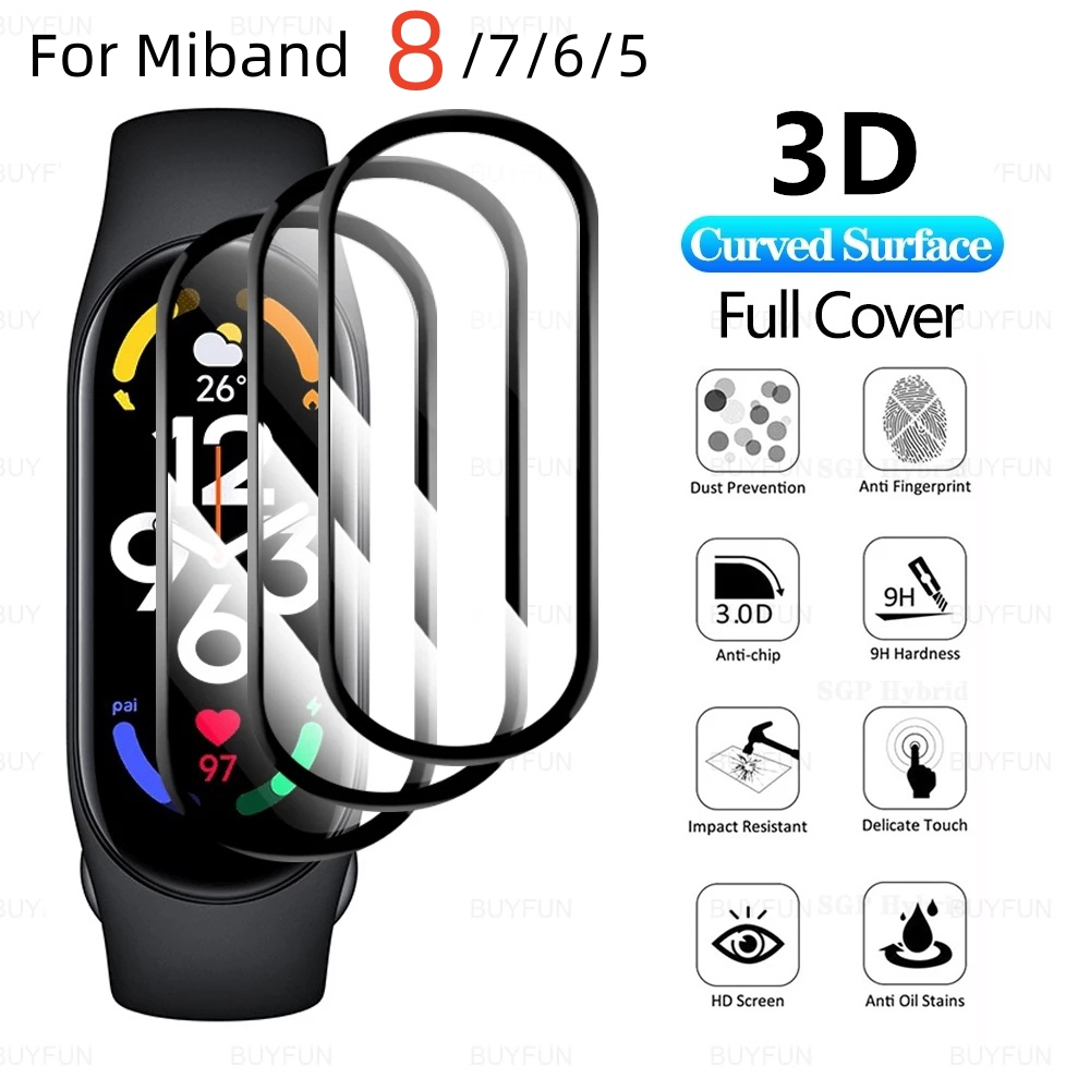 Kính Cường Lực 3D Bảo Vệ Màn Hình Đồng Hồ Thông Minh Xiaomi Mi Band 5 6 7 8 Miband 7