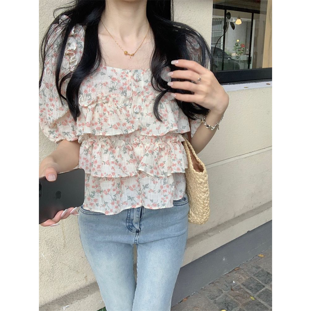 HUANG YOYO Áo Chiffon Tay Ngắn Cổ Vuông In Họa Tiết Hoa Phong Cách Hàn Quốc Thời Trang Mùa Hè Mới Cho Nữ