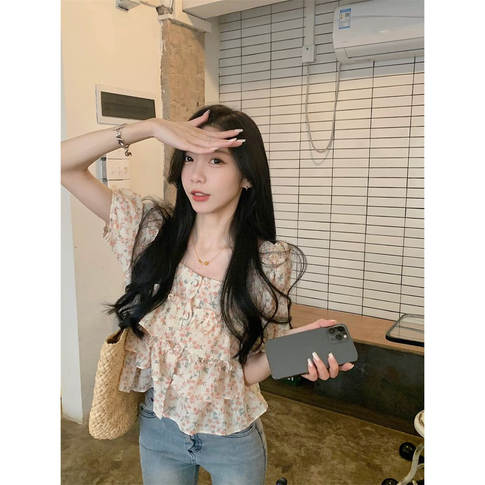 HUANG YOYO Áo Chiffon Tay Ngắn Cổ Vuông In Họa Tiết Hoa Phong Cách Hàn Quốc Thời Trang Mùa Hè Mới Cho Nữ