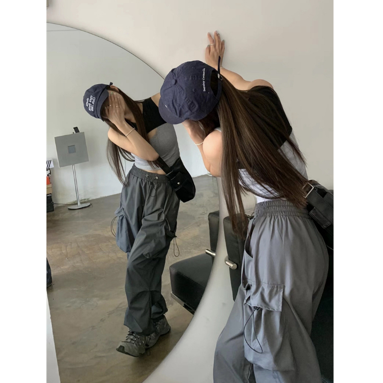 【JMWOMEN】Quần Yếm Dài Ống Rộng Dáng Suông Phối Dây Rút Phong Cách Hip Hop Đường Phố Mỹ Đa Năng Dành Cho Nam Nữ