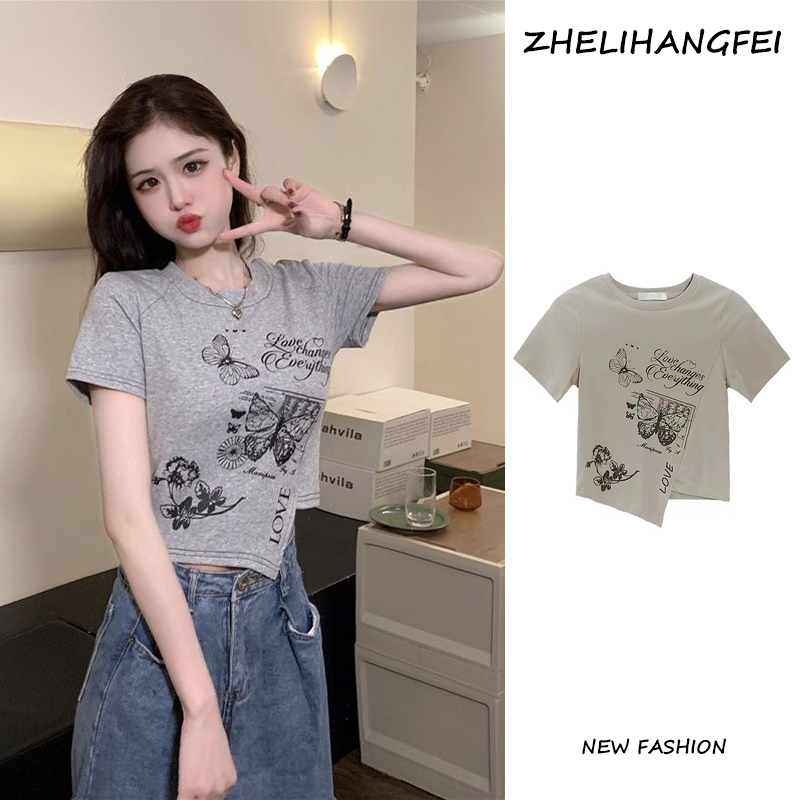 ZHELIHANGFEI Áo Sweater Ngắn Tay Lưng Cao In Họa Tiết Kiểu Retro Mỹ Xinh Xắn Cho Nữ