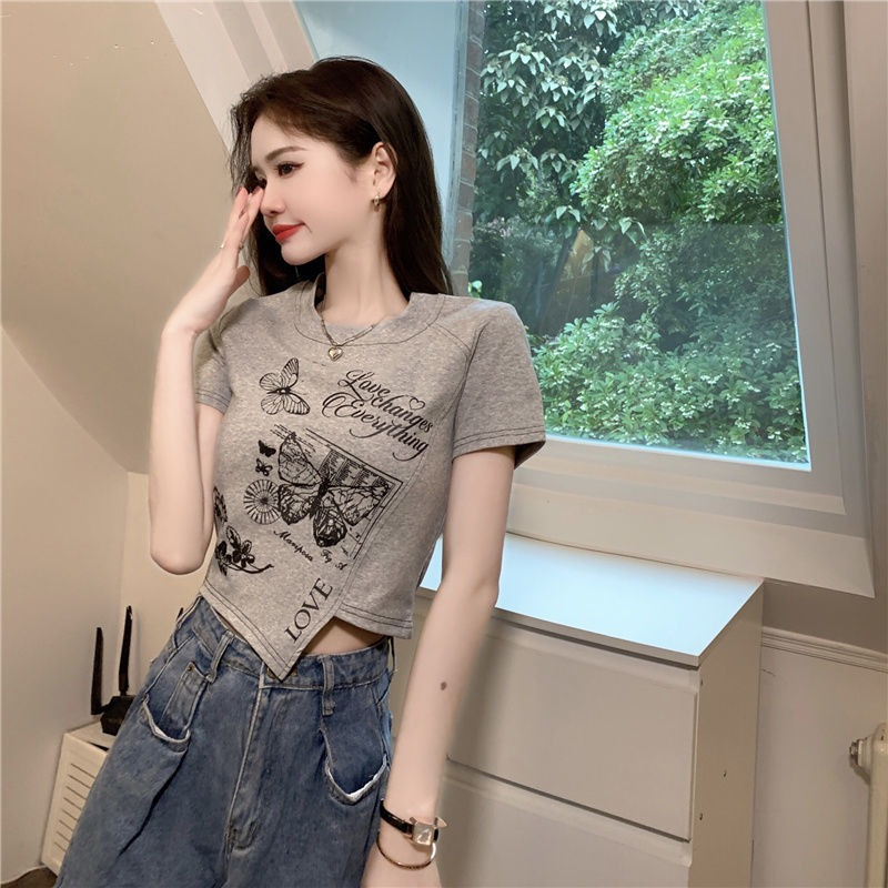 ZHELIHANGFEI Áo Sweater Ngắn Tay Lưng Cao In Họa Tiết Kiểu Retro Mỹ Xinh Xắn Cho Nữ