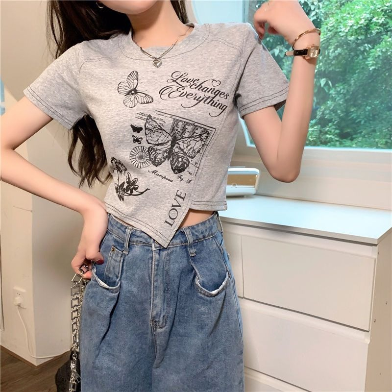 ZHELIHANGFEI Áo Sweater Ngắn Tay Lưng Cao In Họa Tiết Kiểu Retro Mỹ Xinh Xắn Cho Nữ