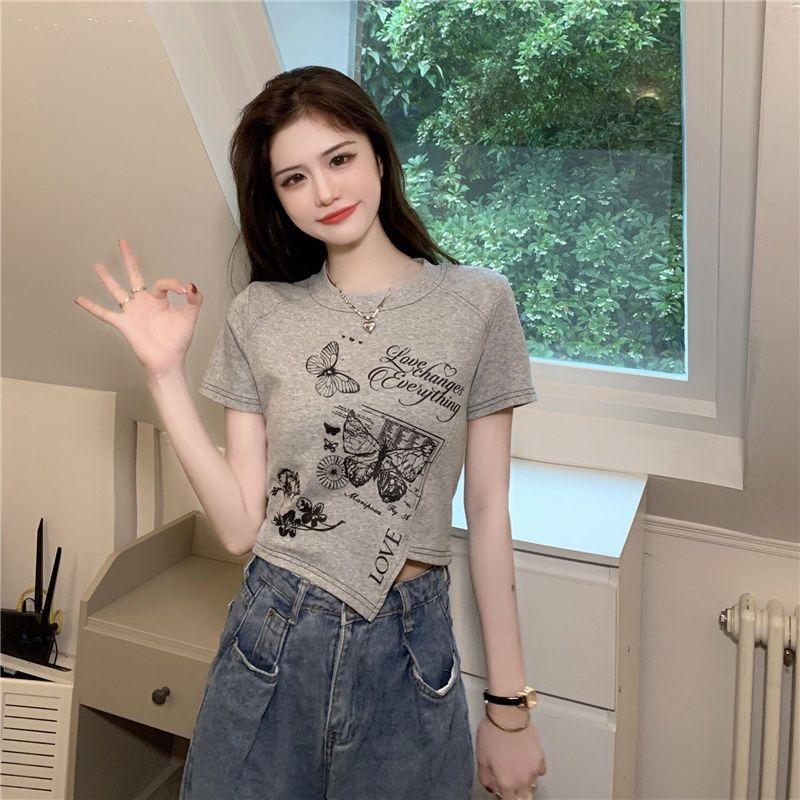 ZHELIHANGFEI Áo Sweater Ngắn Tay Lưng Cao In Họa Tiết Kiểu Retro Mỹ Xinh Xắn Cho Nữ