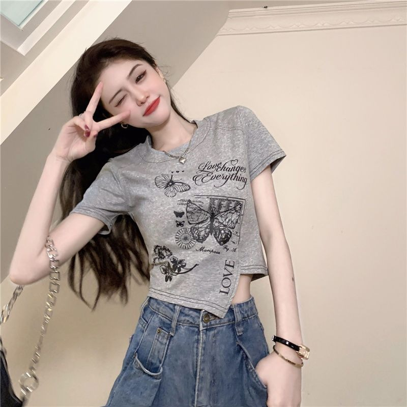 ZHELIHANGFEI Áo Sweater Ngắn Tay Lưng Cao In Họa Tiết Kiểu Retro Mỹ Xinh Xắn Cho Nữ