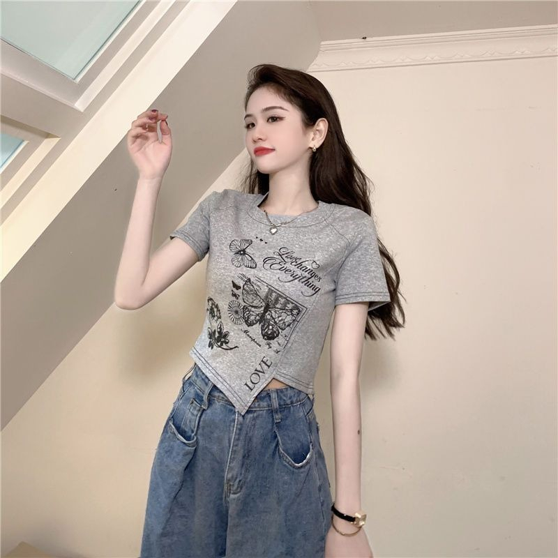 ZHELIHANGFEI Áo Sweater Ngắn Tay Lưng Cao In Họa Tiết Kiểu Retro Mỹ Xinh Xắn Cho Nữ