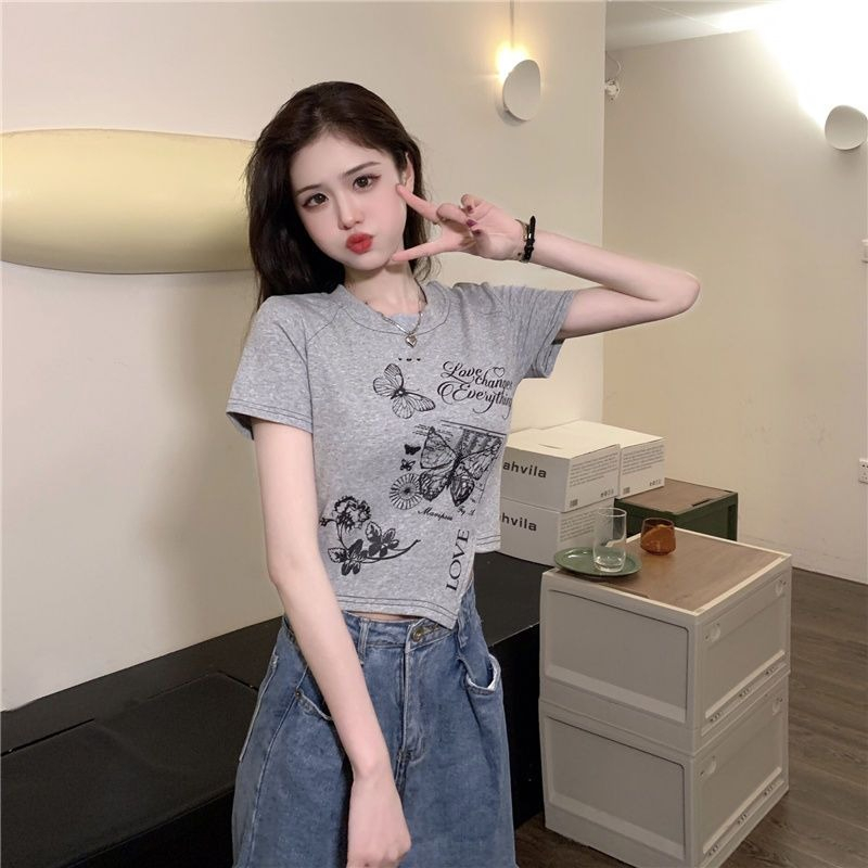 ZHELIHANGFEI Áo Sweater Ngắn Tay Lưng Cao In Họa Tiết Kiểu Retro Mỹ Xinh Xắn Cho Nữ