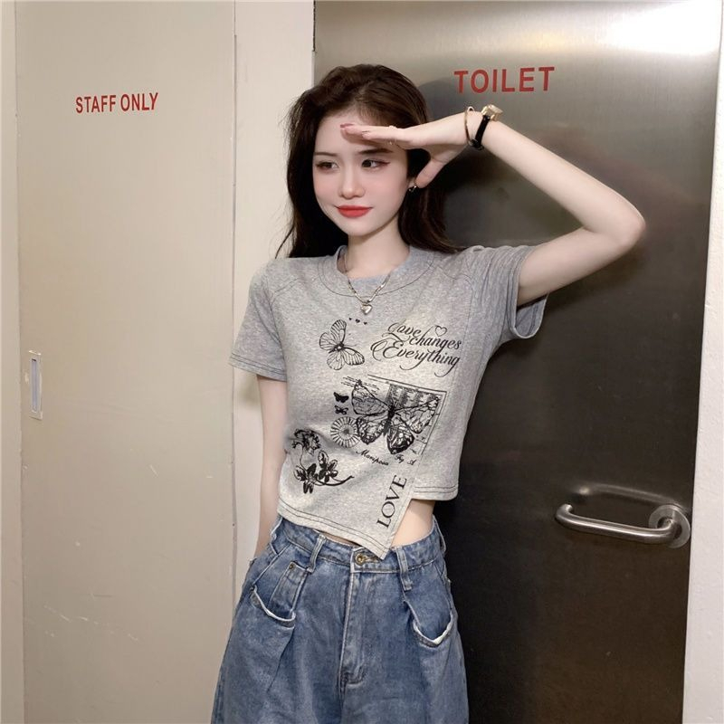 ZHELIHANGFEI Áo Sweater Ngắn Tay Lưng Cao In Họa Tiết Kiểu Retro Mỹ Xinh Xắn Cho Nữ