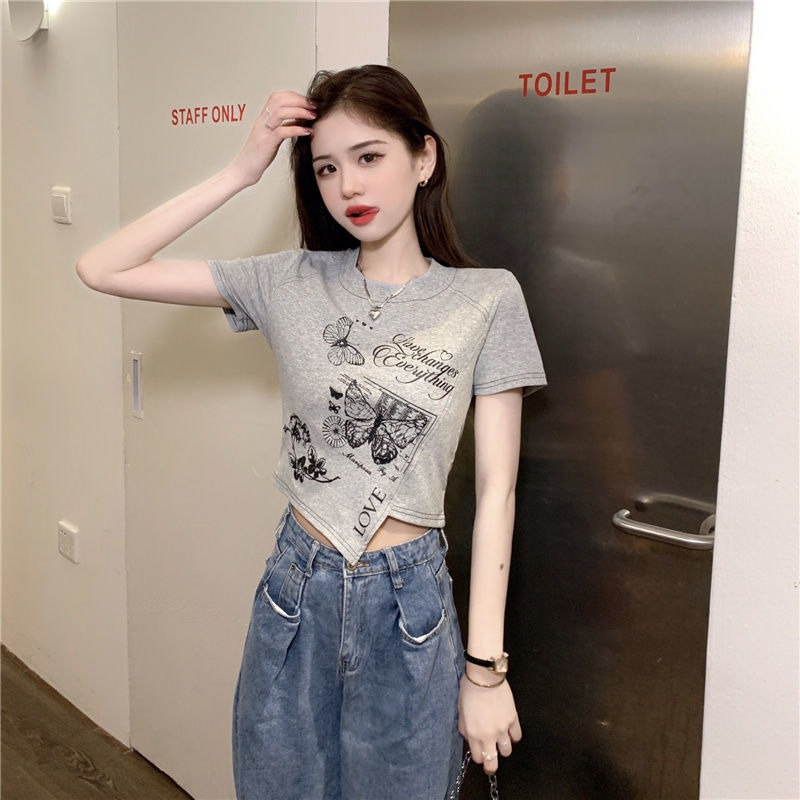 ZHELIHANGFEI Áo Sweater Ngắn Tay Lưng Cao In Họa Tiết Kiểu Retro Mỹ Xinh Xắn Cho Nữ