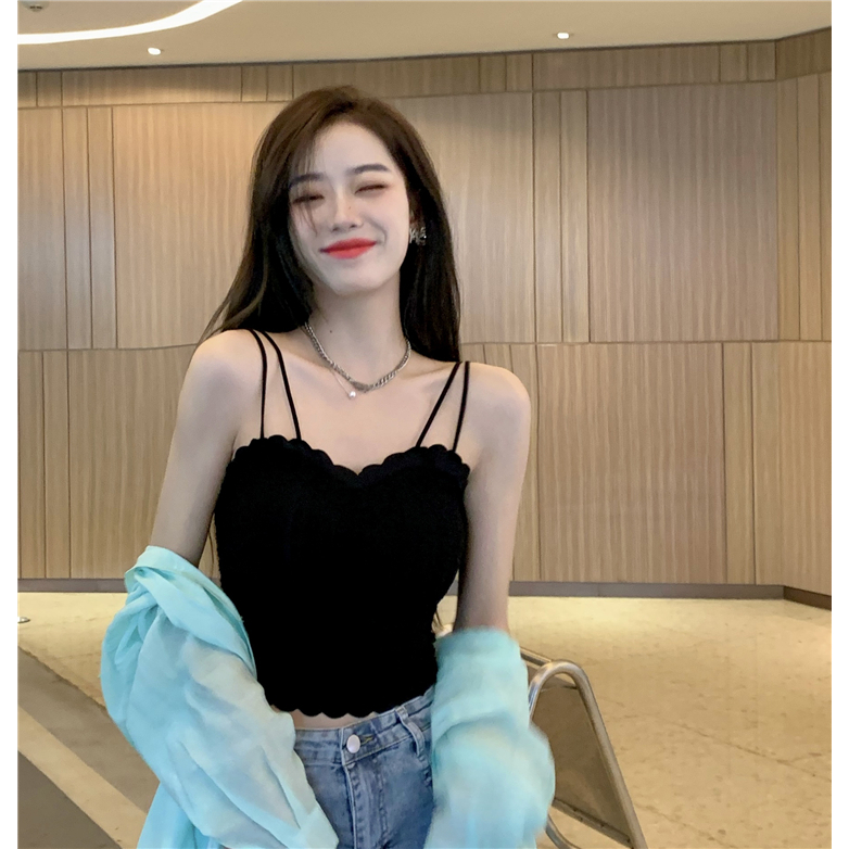 Lalisas Áo Hai Dây Dáng Ngắn Form Ôm Phối Ren Phong Cách Pháp Ngọt Ngào Quyến Rũ Cho Nữ