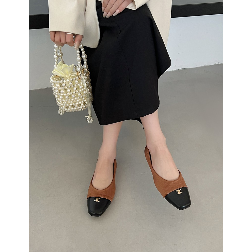 Giày Búp Bê Da Đế Bằng Miệng Nông Đính Kim Loại Kiểu Retro Hàn Quốc Thời Trang Xuân Thu 2023