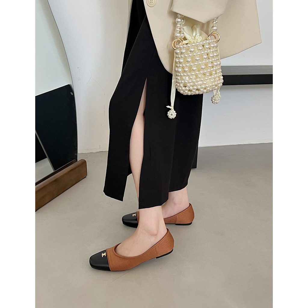 Giày Búp Bê Da Đế Bằng Miệng Nông Đính Kim Loại Kiểu Retro Hàn Quốc Thời Trang Xuân Thu 2023