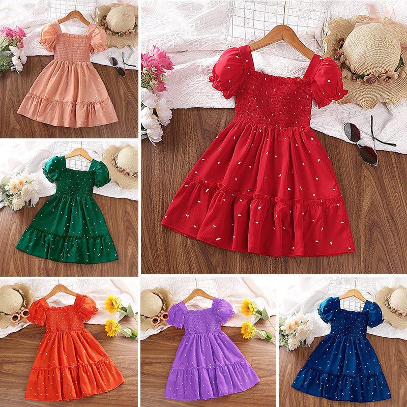 Đầm Công Chúa Tay Phồng Ngắn Màu Sắc Xanh Dương Họa Tiết Chấm Bi Cho Bé Gái 2-6 Tuổi