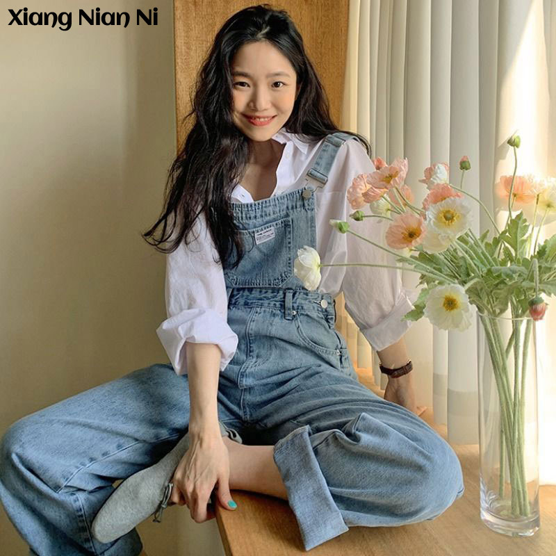 Quần yếm jeans XIANG NIAN NI dáng rộng phong cách Hàn Quốc thời trang dành cho nữ