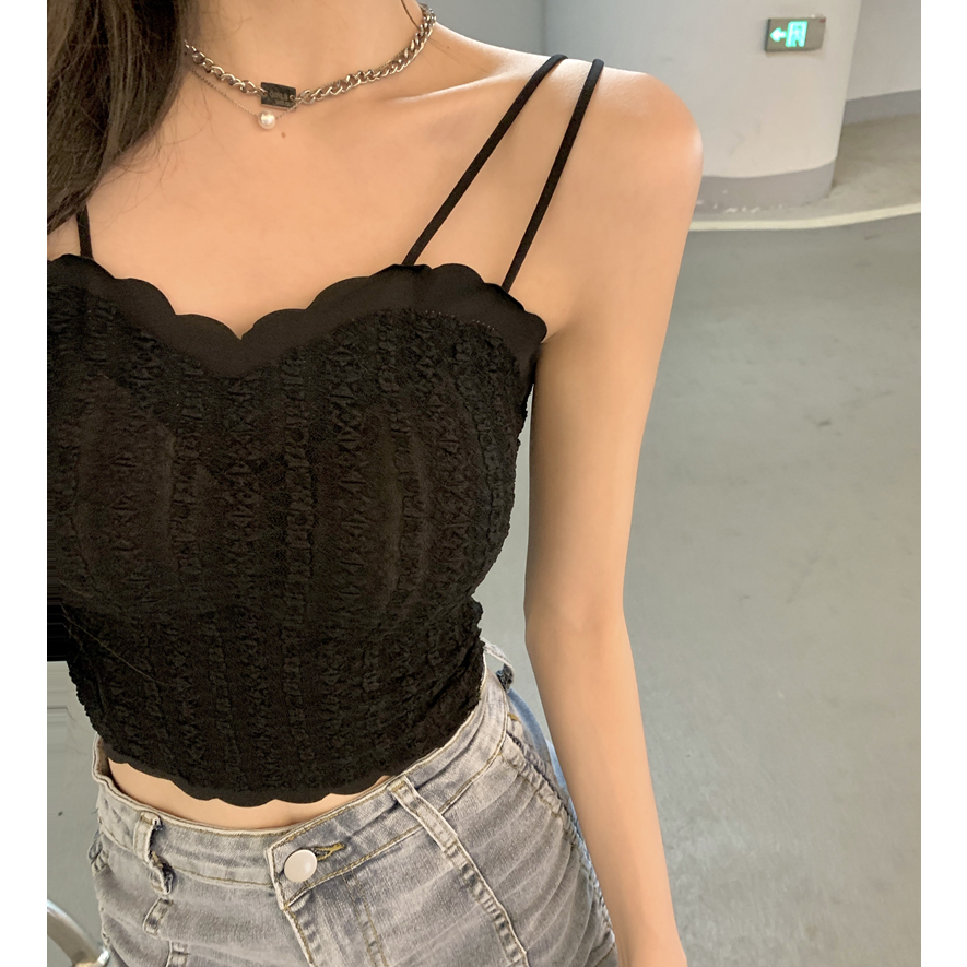 Lalisas Áo Hai Dây Dáng Ngắn Form Ôm Phối Ren Phong Cách Pháp Ngọt Ngào Quyến Rũ Cho Nữ