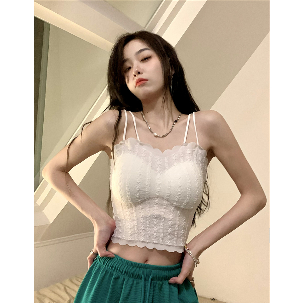 Lalisas Áo Hai Dây Dáng Ngắn Form Ôm Phối Ren Phong Cách Pháp Ngọt Ngào Quyến Rũ Cho Nữ