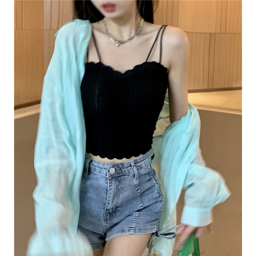 Lalisas Áo Hai Dây Dáng Ngắn Form Ôm Phối Ren Phong Cách Pháp Ngọt Ngào Quyến Rũ Cho Nữ