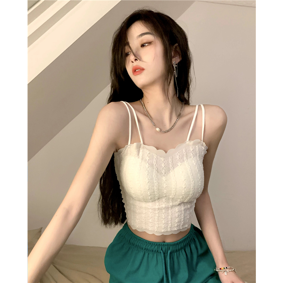 Lalisas Áo Hai Dây Dáng Ngắn Form Ôm Phối Ren Phong Cách Pháp Ngọt Ngào Quyến Rũ Cho Nữ