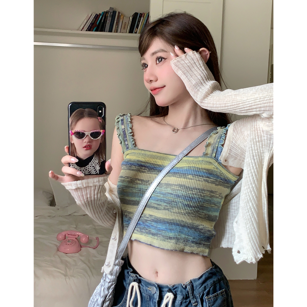 Lalisas Set Áo Hai Dây Dệt Kim Kẻ Sọc Cầu Vồng + Áo Khoác cardigan Dài Tay Chống Nắng Ngọt Ngào Cho Nữ (Đặt Hàng Riêng Biệt)