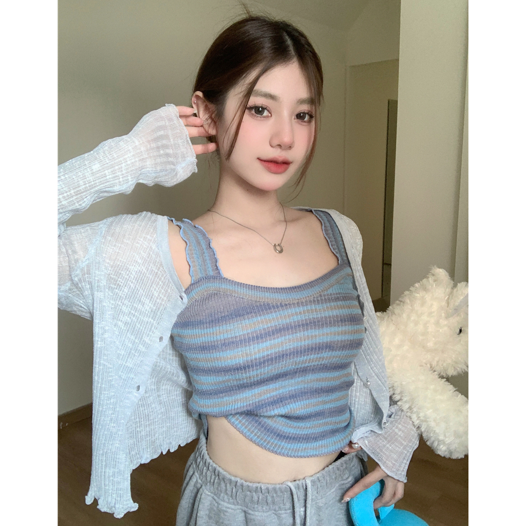 Lalisas Set Áo Hai Dây Dệt Kim Kẻ Sọc Cầu Vồng + Áo Khoác cardigan Dài Tay Chống Nắng Ngọt Ngào Cho Nữ (Đặt Hàng Riêng Biệt)