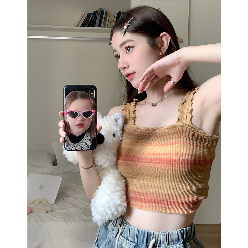 Lalisas Set Áo Hai Dây Dệt Kim Kẻ Sọc Cầu Vồng + Áo Khoác cardigan Dài Tay Chống Nắng Ngọt Ngào Cho Nữ (Đặt Hàng Riêng Biệt)