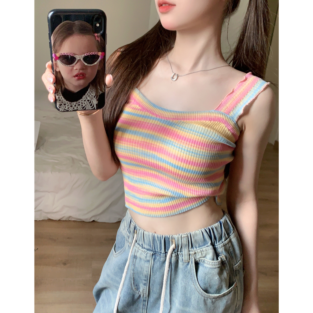 Lalisas Set Áo Hai Dây Dệt Kim Kẻ Sọc Cầu Vồng + Áo Khoác cardigan Dài Tay Chống Nắng Ngọt Ngào Cho Nữ (Đặt Hàng Riêng Biệt)