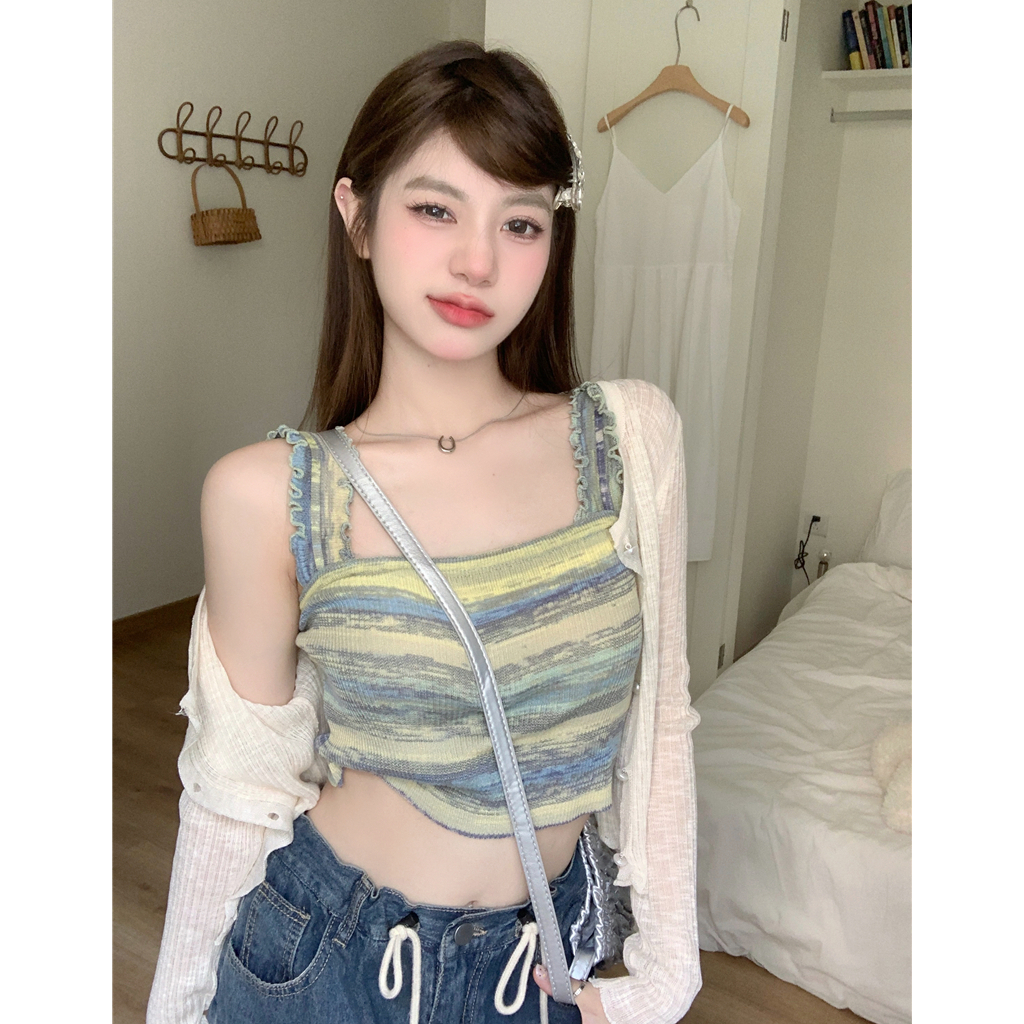 Lalisas Set Áo Hai Dây Dệt Kim Kẻ Sọc Cầu Vồng + Áo Khoác cardigan Dài Tay Chống Nắng Ngọt Ngào Cho Nữ (Đặt Hàng Riêng Biệt)