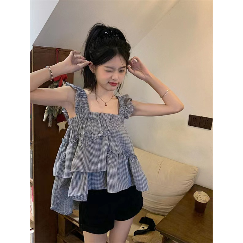 QADCOL Áo Hai Dây Nhỏ Dáng Rộng Họa Tiết Caro Màu Trắng Hươu Thời Trang Mùa Hè Cho Nữ