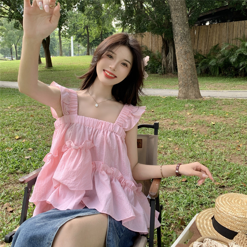 QADCOL Áo Hai Dây Nhỏ Dáng Rộng Họa Tiết Caro Màu Trắng Hươu Thời Trang Mùa Hè Cho Nữ