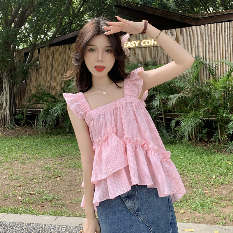 QADCOL Áo Hai Dây Nhỏ Dáng Rộng Họa Tiết Caro Màu Trắng Hươu Thời Trang Mùa Hè Cho Nữ