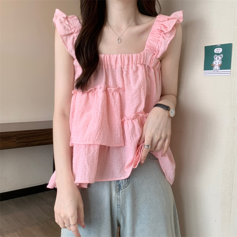 QADCOL Áo Hai Dây Nhỏ Dáng Rộng Họa Tiết Caro Màu Trắng Hươu Thời Trang Mùa Hè Cho Nữ