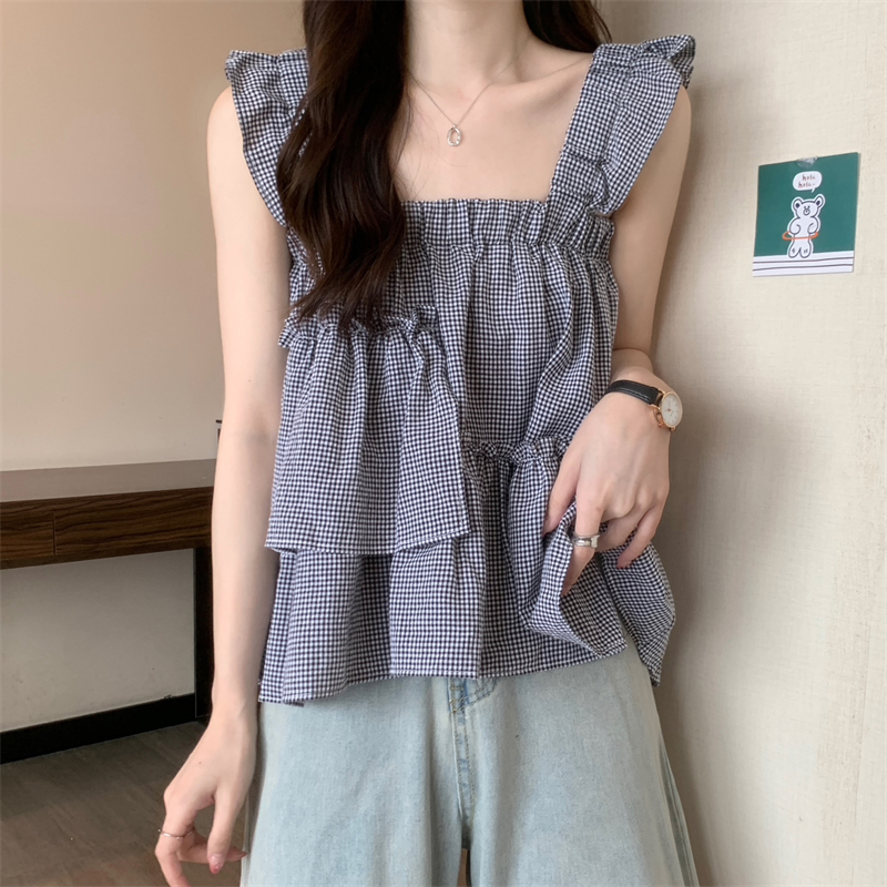 QADCOL Áo Hai Dây Nhỏ Dáng Rộng Họa Tiết Caro Màu Trắng Hươu Thời Trang Mùa Hè Cho Nữ