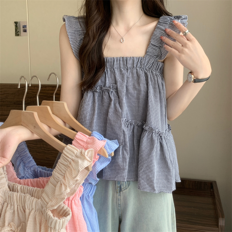 QADCOL Áo Hai Dây Nhỏ Dáng Rộng Họa Tiết Caro Màu Trắng Hươu Thời Trang Mùa Hè Cho Nữ