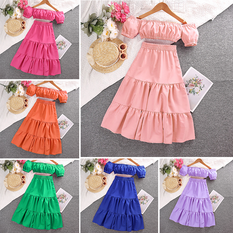 Set trang phục SIYYIS áo kiểu trễ vai và chân váy dáng chữ A nhiều màu tùy chọn thời trang mùa hè xinh xắn cho bé gái