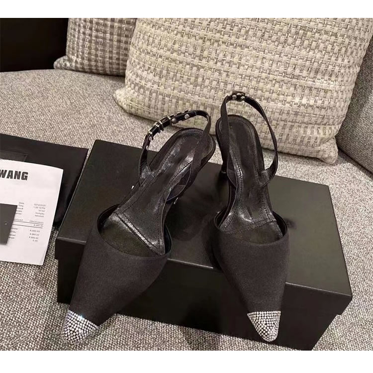 Giày Cao Gót Hở Ngón Quai Satin Đính Đá Đen Thời Trang Mùa Xuân 2023 Cho Nữ