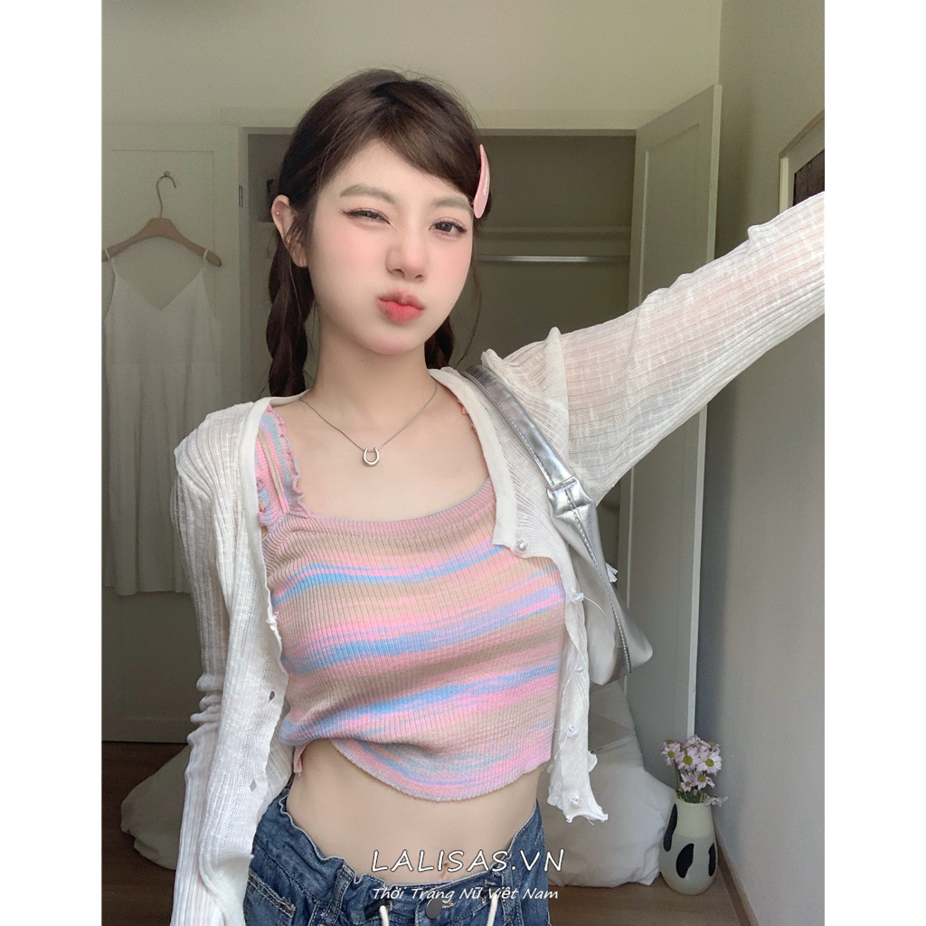Lalisas Set Áo Hai Dây Dệt Kim Kẻ Sọc Cầu Vồng + Áo Khoác cardigan Dài Tay Chống Nắng Ngọt Ngào Cho Nữ (Đặt Hàng Riêng Biệt)