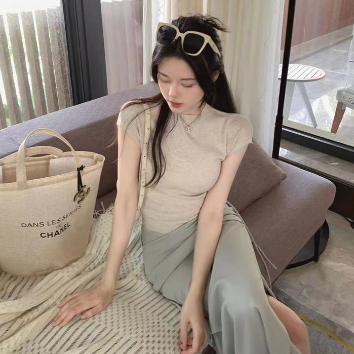 SUXI Áo Croptop Dệt Kim Tay Ngắn Cột Dây Thời Trang Mùa Hè Xinh Xắn Cho Nữ