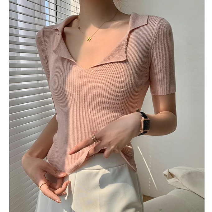 SUXI Áo polo Dệt Kim Tay Ngắn Cổ V Dáng Ôm Thiết Kế Đơn Giản Cho Nữ