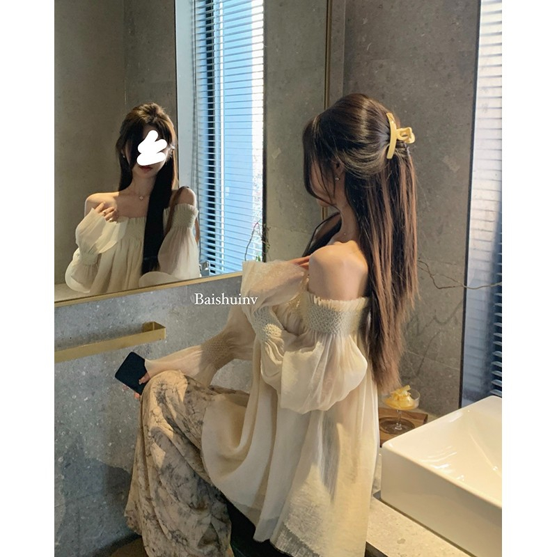 Áo Kiểu Trễ Vai Dáng Xòe Ôm Sát Chống Nắng Thời Trang Mùa Hè Quyến Rũ Cho Nữ