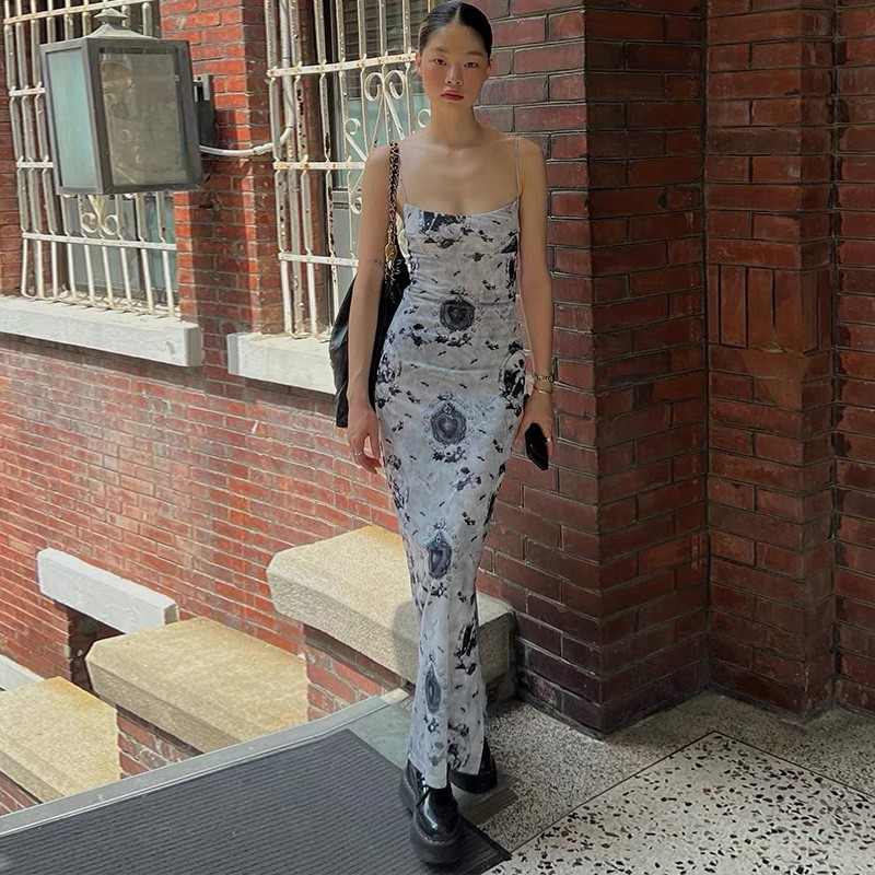 Đầm Lửng Hai Dây Dáng Ôm In Màu Nhuộm Phong Cách Pháp Cổ Điển Thời Trang Mùa Hè Dành Cho Bạn Nữ