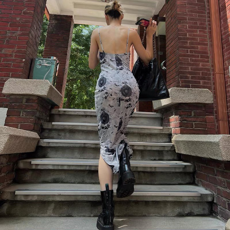 Đầm Lửng Hai Dây Dáng Ôm In Màu Nhuộm Phong Cách Pháp Cổ Điển Thời Trang Mùa Hè Dành Cho Bạn Nữ