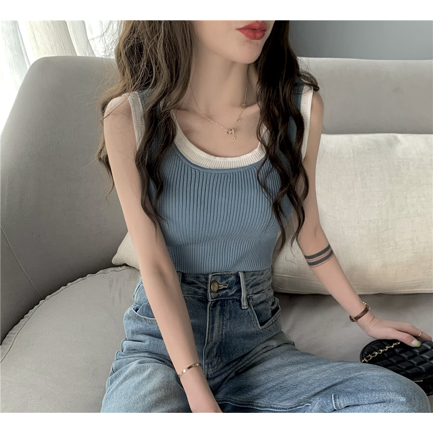 Áo Hai Dây Dệt Kim Dáng Ngắn Phối Màu Ngọt Ngào Thời Trang Hàn Quốc Cho Nữ