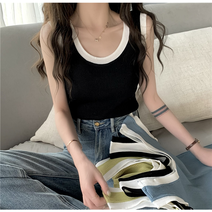 Áo Hai Dây Dệt Kim Dáng Ngắn Phối Màu Ngọt Ngào Thời Trang Hàn Quốc Cho Nữ