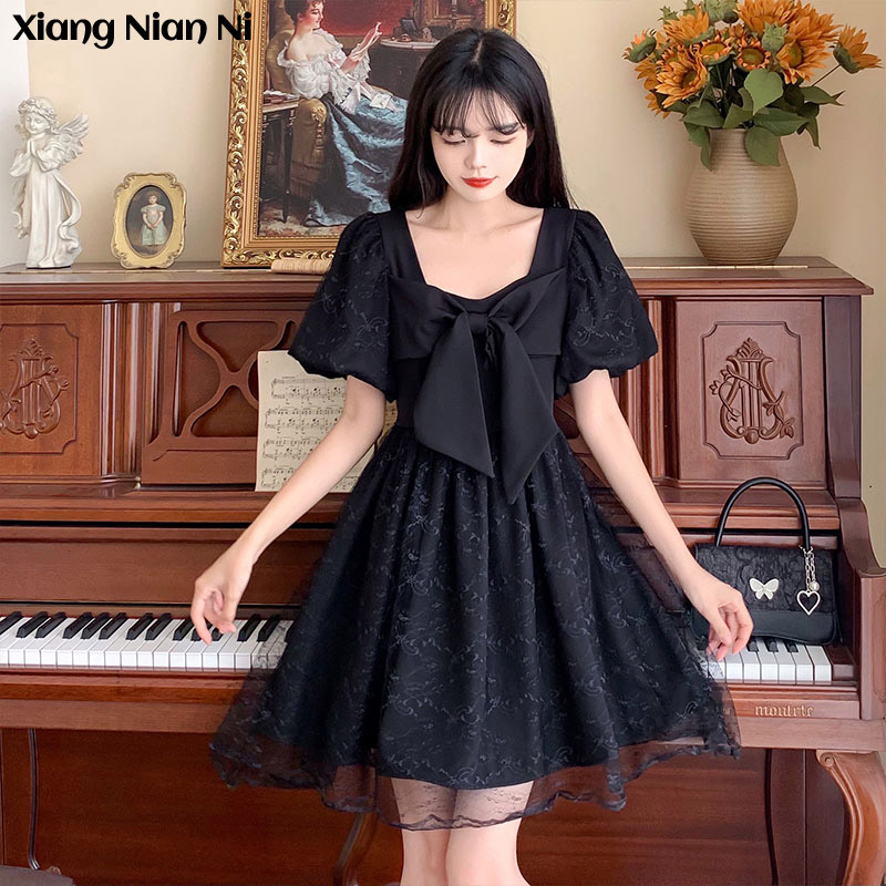 Xiang Nian Ni Đầm Công Chúa Phối Lưới Ren Lưới Thắt Nơ Ngọt Ngào Thiết Kế Cảm Giác Dành Cho Bạn Nữ