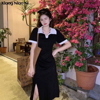 Đầm polo XIANG NIAN NI dáng chữ A tay ngắn xẻ tà thời trang quyến rũ cho nữ